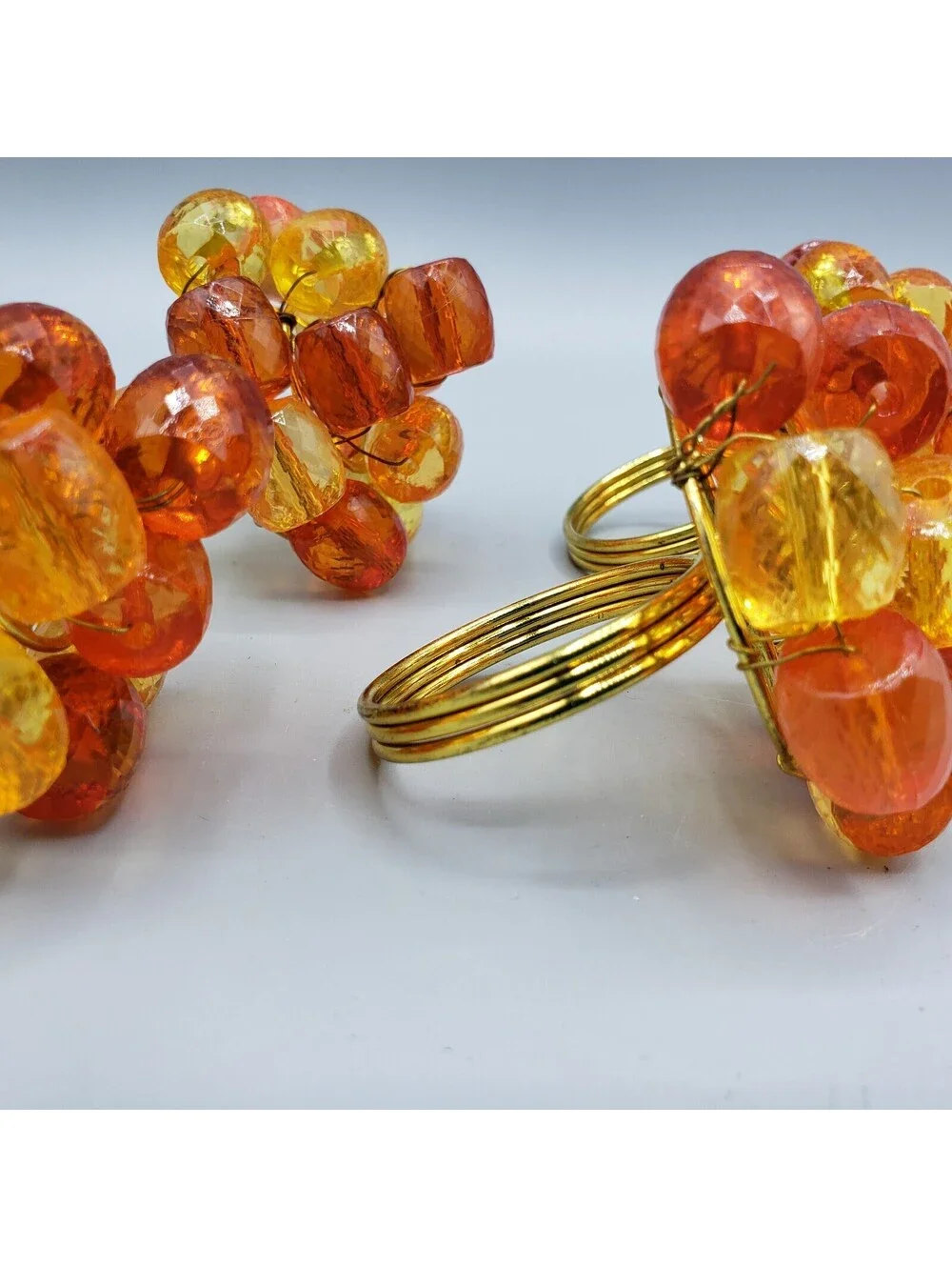 4 Orange Yellow Beaded Napkin Rings Faceted Gold Metal Wire Wrapped Spring